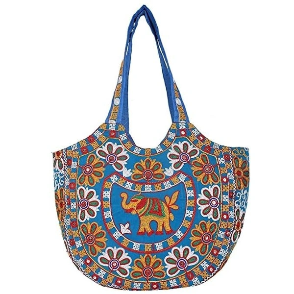 Royal Looking Cotton Traditional Ethnic Rajasthani Jaipuri Embroidered Hand bag/Purse for Girls Women (Sky Elephant) - 18x10x5 inch