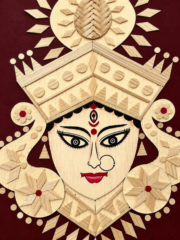 Divine Maa Durga - Handmade Bamboo Wall Art | Spiritual Home Decor | Framed Durga Maa Painting | Eco-Friendly Natural Artwork