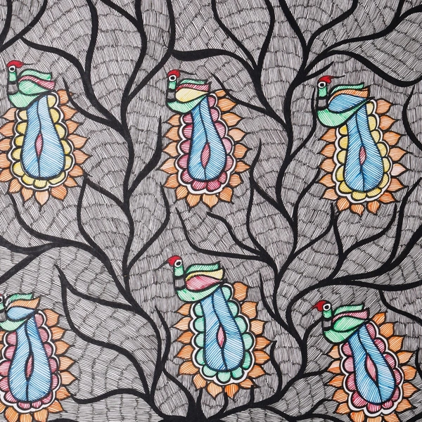 Madhubani Mithila Painting - Vibrant Peacock on The Tree - Traditional Indian Art for Home Decor - Unframed (32.2 x 24.2 inches) - 32.2 x 24.2 inches