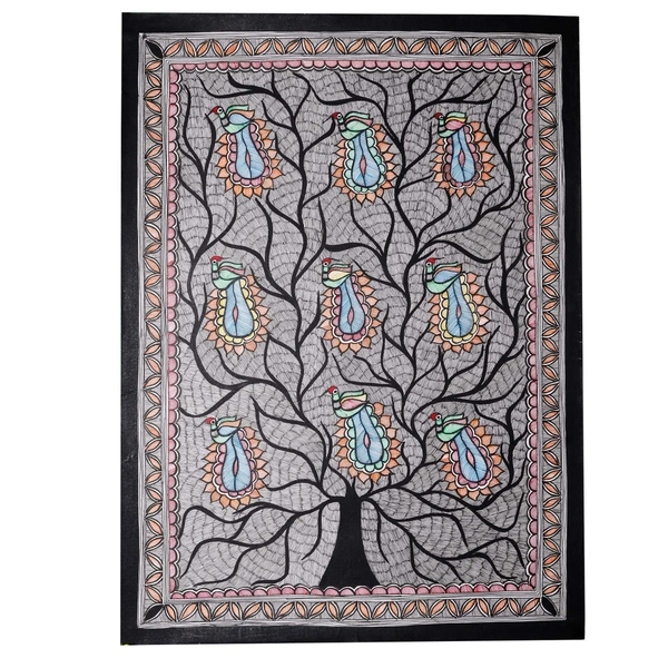 Madhubani Mithila Painting - Vibrant Peacock on The Tree - Traditional Indian Art for Home Decor - Unframed (32.2 x 24.2 inches) - 32.2 x 24.2 inches