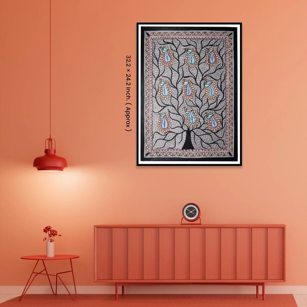 Madhubani Mithila Painting - Vibrant Peacock on The Tree - Traditional Indian Art for Home Decor - Unframed (32.2 x 24.2 inches) - 32.2 x 24.2 inches