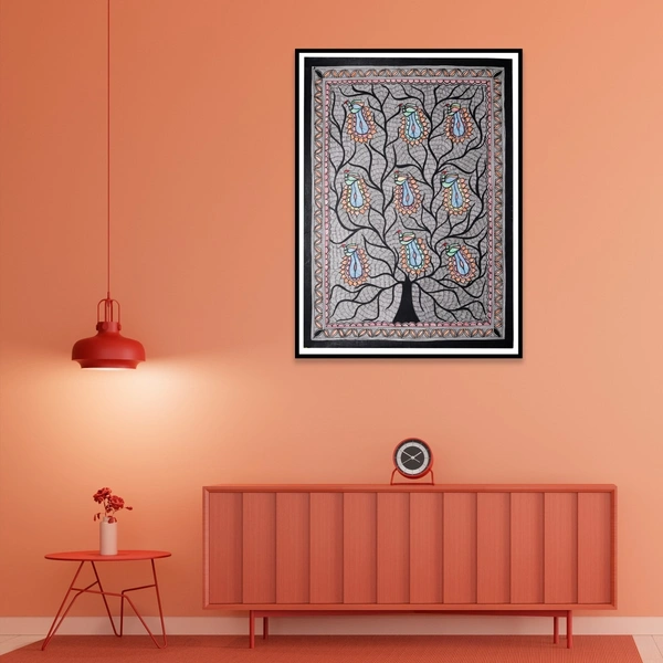 Madhubani Mithila Painting - Vibrant Peacock on The Tree - Traditional Indian Art for Home Decor - Unframed (32.2 x 24.2 inches) - 32.2 x 24.2 inches