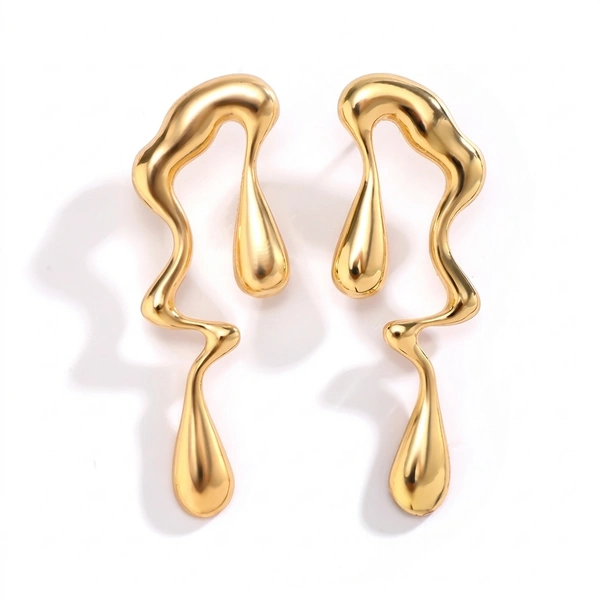 Minimalist Liquid Drop Stud Earrings for Women | Irregular Water-Inspired Geometric Design | Trendy Fluid Style Statement Fashion Jewelry - Golden