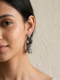 Oxidised German Silver Trishool Drop Earrings for Women | Traditional Tribal Antique Finish Dangle - Silver