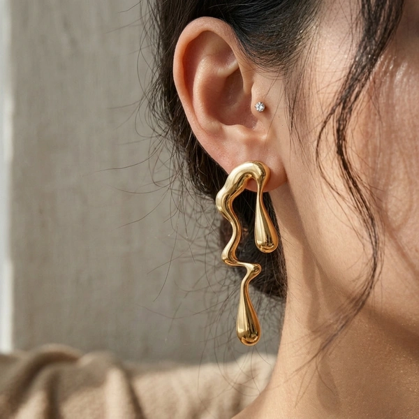 Minimalist Liquid Drop Stud Earrings for Women | Irregular Water-Inspired Geometric Design | Trendy Fluid Style Statement Fashion Jewelry - Golden
