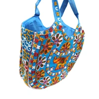 Royal Looking Cotton Traditional Ethnic Rajasthani Jaipuri Embroidered Hand bag/Purse for Girls Women (Sky Elephant) - 18x10x5 inch