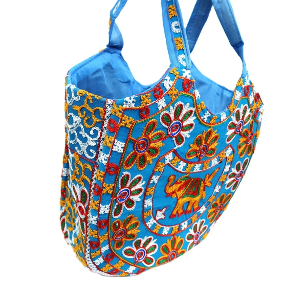 Royal Looking Cotton Traditional Ethnic Rajasthani Jaipuri Embroidered Hand bag/Purse for Girls Women (Sky Elephant) - 18x10x5 inch