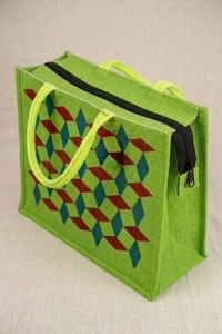 PALAK SAXENA spacious Jute Bag with Zipper Closure, Full Size and Large Handles,MultiPurpose Jute Bag for Office/College/School,Tiffin,Shopping Eco-Friendly Bag For Men,Women and Kids (Green) - GREEN