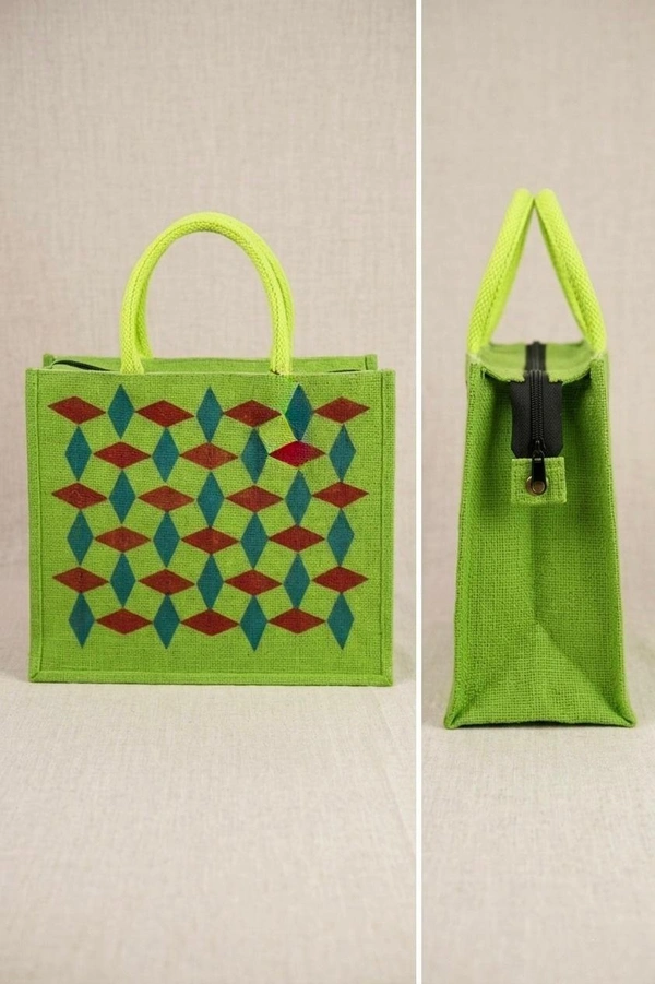 PALAK SAXENA spacious Jute Bag with Zipper Closure, Full Size and Large Handles,MultiPurpose Jute Bag for Office/College/School,Tiffin,Shopping Eco-Friendly Bag For Men,Women and Kids (Green) - GREEN