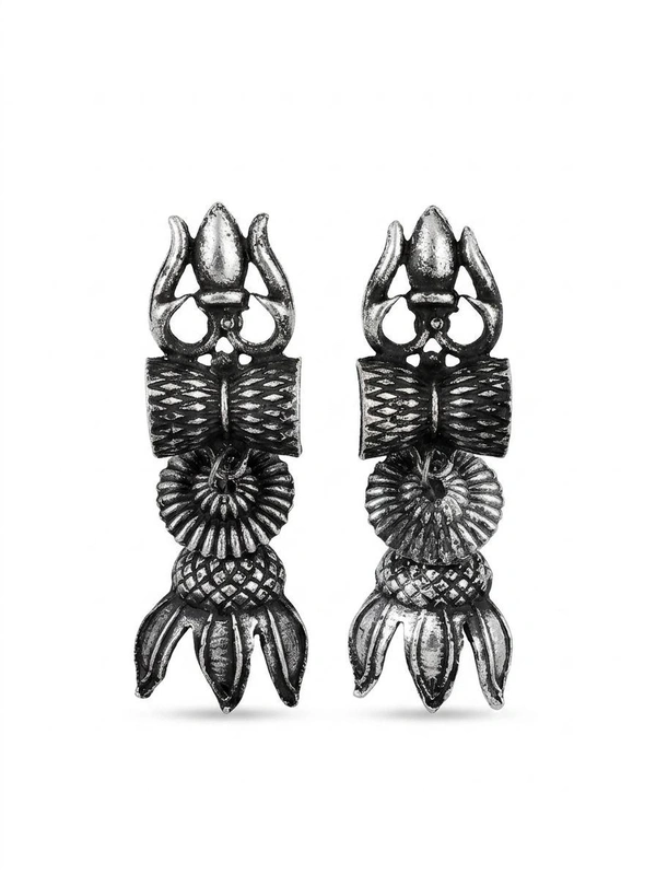 Oxidised German Silver Trishool Drop Earrings for Women | Traditional Tribal Antique Finish Dangle - Silver