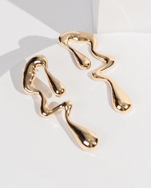 Minimalist Liquid Drop Stud Earrings for Women | Irregular Water-Inspired Geometric Design | Trendy Fluid Style Statement Fashion Jewelry - Golden