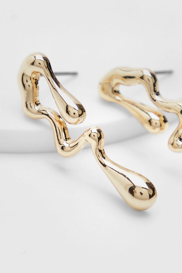 Minimalist Liquid Drop Stud Earrings for Women | Irregular Water-Inspired Geometric Design | Trendy Fluid Style Statement Fashion Jewelry - Golden