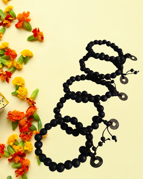 Black bracelet with ring Medium beads combo pack - 5 Nos