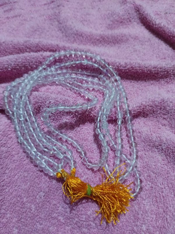 6-7 mm CLEAR QUARTZ SPADIKA MALA 108+1 BEADS - FIRST QUALITY - SLIGHTLY SMOKY