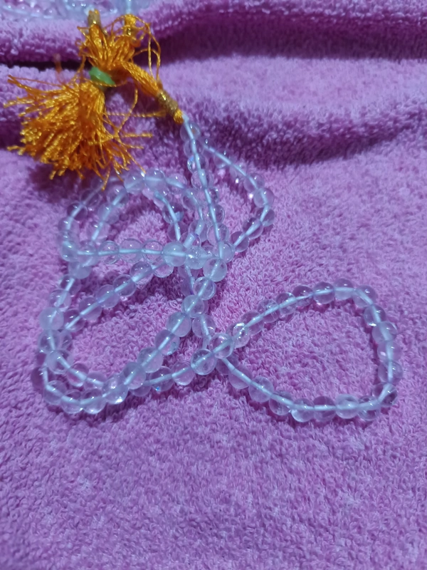 6-7 mm CLEAR QUARTZ SPADIKA MALA 108+1 BEADS - FIRST QUALITY - SLIGHTLY SMOKY