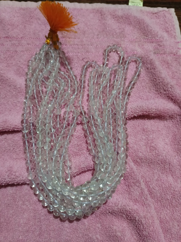 9mm CLEAR QUARTZ SPADIKA MALA 108+1 BEADS FIRST QUALITY - SLIGHTLY SMOKY