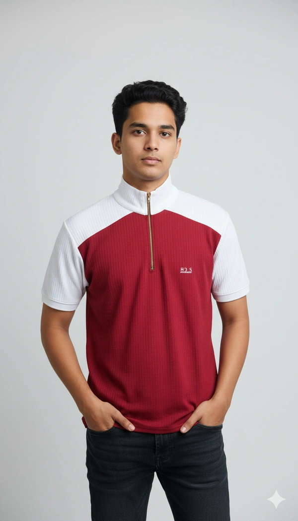 GENERIC Stylish Red & White Half-Zip Polo T-Shirt for Men