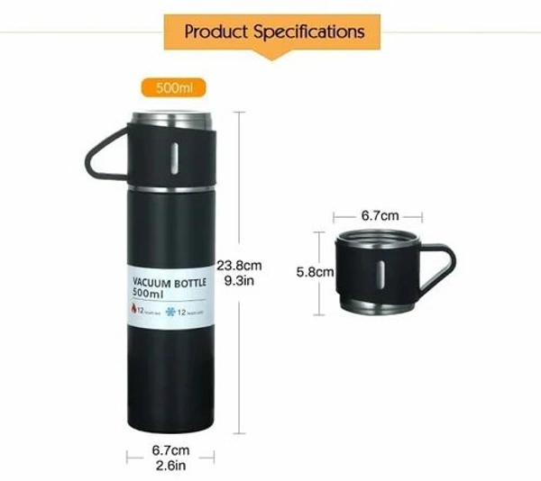 STAINLESS STEEL VACUUM FLASK SET WITH 3 STEEL CUPS COMBO FOR COFFEE HOT DRINK AND COLD WATER FLASK IDEAL GIFTING TRAVEL FRIENDLY LATEST FLASK BOTTLE. (500ML) - 500ml Flask, Kashmir Blue
