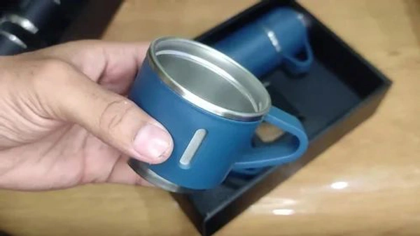 STAINLESS STEEL VACUUM FLASK SET WITH 3 STEEL CUPS COMBO FOR COFFEE HOT DRINK AND COLD WATER FLASK IDEAL GIFTING TRAVEL FRIENDLY LATEST FLASK BOTTLE. (500ML) - 500ml Flask, Kashmir Blue