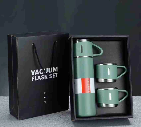 STAINLESS STEEL VACUUM FLASK SET WITH 3 STEEL CUPS COMBO FOR COFFEE HOT DRINK AND COLD WATER FLASK IDEAL GIFTING TRAVEL FRIENDLY LATEST FLASK BOTTLE. (500ML) - 500ml Flask, Summer Green
