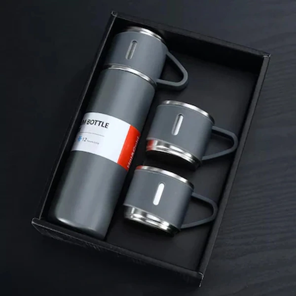 STAINLESS STEEL VACUUM FLASK SET WITH 3 STEEL CUPS COMBO FOR COFFEE HOT DRINK AND COLD WATER FLASK IDEAL GIFTING TRAVEL FRIENDLY LATEST FLASK BOTTLE. (500ML) - 500ml Flask, Gray