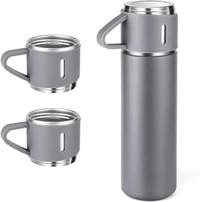 STAINLESS STEEL VACUUM FLASK SET WITH 3 STEEL CUPS COMBO FOR COFFEE HOT DRINK AND COLD WATER FLASK IDEAL GIFTING TRAVEL FRIENDLY LATEST FLASK BOTTLE. (500ML) - 500ml Flask, Gray