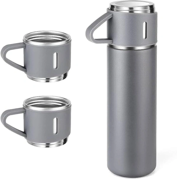 STAINLESS STEEL VACUUM FLASK SET WITH 3 STEEL CUPS COMBO FOR COFFEE HOT DRINK AND COLD WATER FLASK IDEAL GIFTING TRAVEL FRIENDLY LATEST FLASK BOTTLE. (500ML) - 500ml Flask, Gray