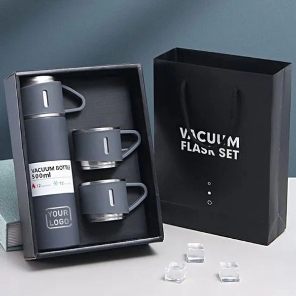 STAINLESS STEEL VACUUM FLASK SET WITH 3 STEEL CUPS COMBO FOR COFFEE HOT DRINK AND COLD WATER FLASK IDEAL GIFTING TRAVEL FRIENDLY LATEST FLASK BOTTLE. (500ML) - 500ml Flask, Gray