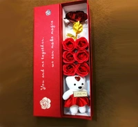 Teddy with Roses Combo Set Red Rose Artificial Flower ( 4 inch , Pack of 8 flower bunch .)