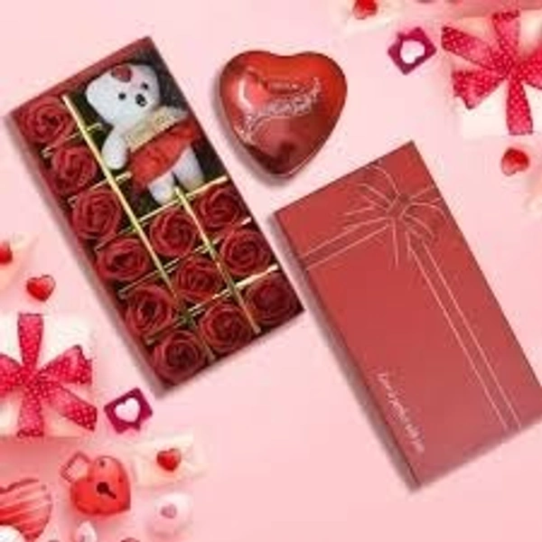 "Romantic Bliss: Adorable Teddy & 12 Luxury Artificial Roses Gift Set" - FREE SIZE