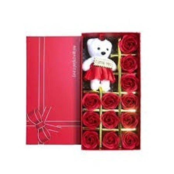 "Romantic Bliss: Adorable Teddy & 12 Luxury Artificial Roses Gift Set" - FREE SIZE