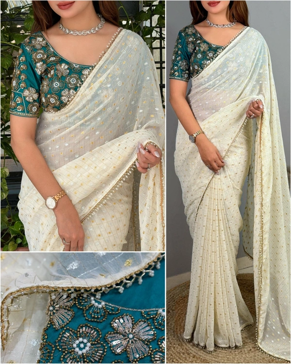 W12123 Dual gold & silver zari weaving saree with Beads and pearl sequence work Blouse - Eastern Blue