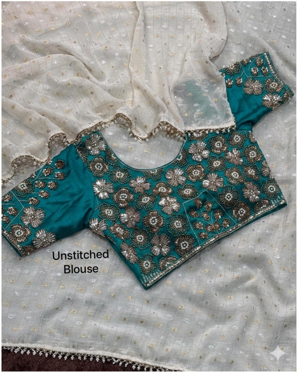 W12123 Dual gold & silver zari weaving saree with Beads and pearl sequence work Blouse - Eastern Blue