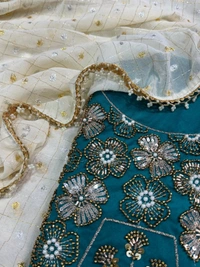 W12123 Dual gold & silver zari weaving saree with Beads and pearl sequence work Blouse - Eastern Blue