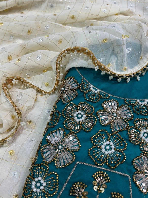 W12123 Dual gold & silver zari weaving saree with Beads and pearl sequence work Blouse - Eastern Blue