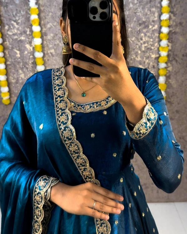 W27322 Bakrid special Rich sequence embroidery Gown + Dupata - XL-42, Teal blue