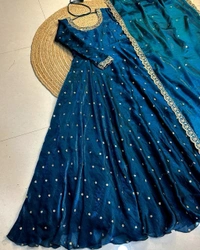 W27322 Bakrid special Rich sequence embroidery Gown + Dupata - XL-42, Teal blue