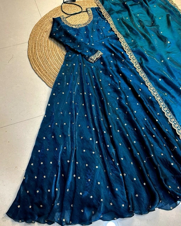 W27322 Bakrid special Rich sequence embroidery Gown + Dupata - 5XL - 50, Teal blue
