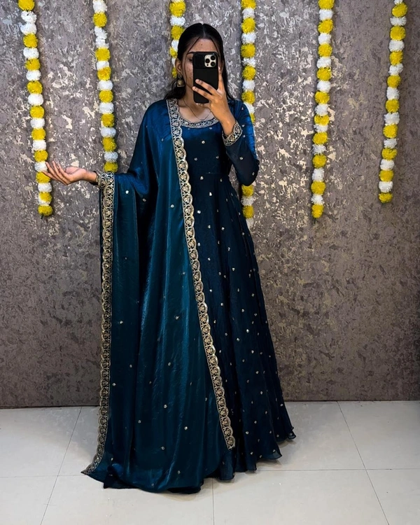 W27322 Bakrid special Rich sequence embroidery Gown + Dupata - 4XL-48, Teal blue