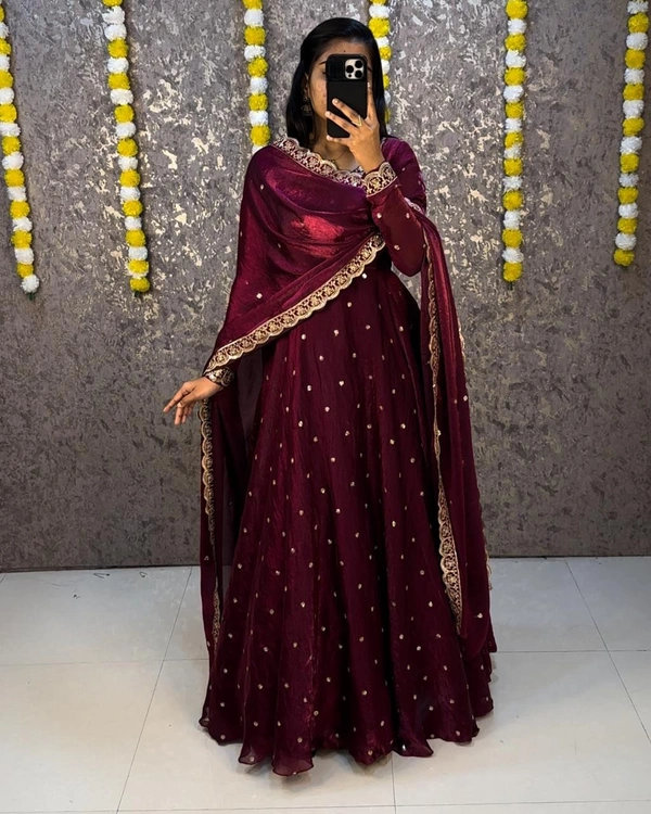 W27322 Bakrid special Rich sequence embroidery Gown + Dupata - 4XL-48, Wine