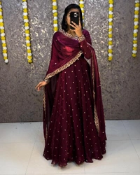 W27322 Bakrid special Rich sequence embroidery Gown + Dupata - 3XL - 46, Wine