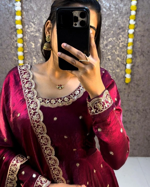 W27322 Bakrid special Rich sequence embroidery Gown + Dupata - L-40, Wine