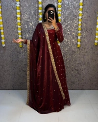 W27322 Bakrid special Rich sequence embroidery Gown + Dupata - 5XL - 50, Reddish Maroon