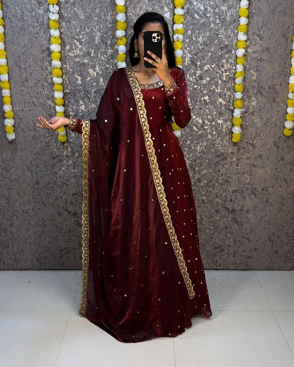 W27322 Bakrid special Rich sequence embroidery Gown + Dupata - XL-42, Wine