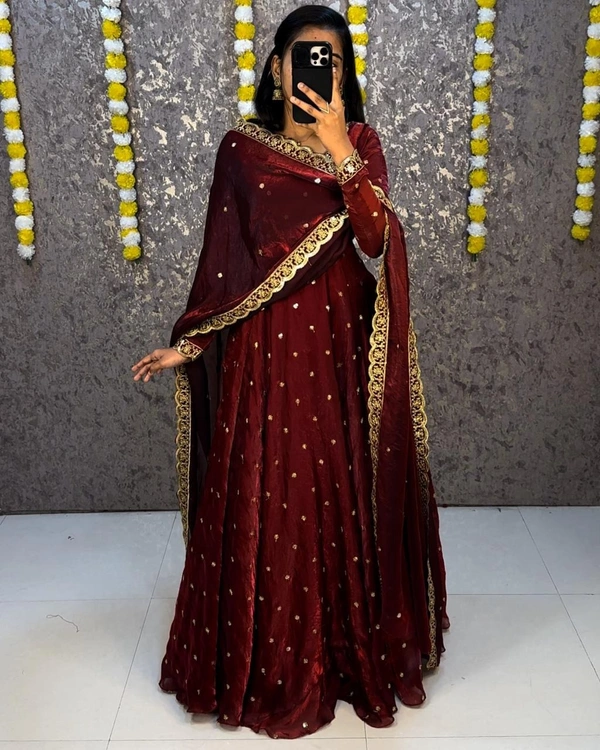W27322 Bakrid special Rich sequence embroidery Gown + Dupata - 5XL - 50, Wine