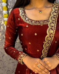 W27322 Bakrid special Rich sequence embroidery Gown + Dupata - XL-42, Reddish Maroon