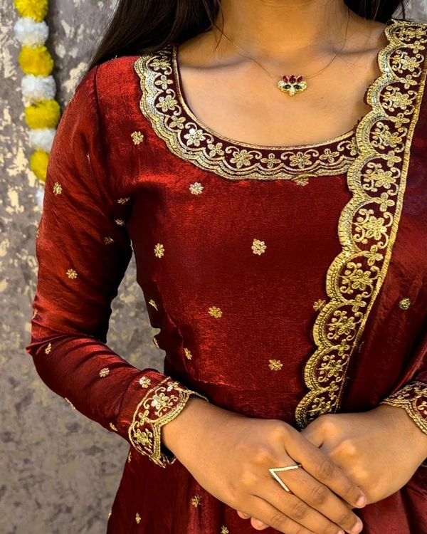 W27322 Bakrid special Rich sequence embroidery Gown + Dupata - XL-42, Reddish Maroon