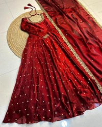 W27322 Bakrid special Rich sequence embroidery Gown + Dupata - XXL - 42, Reddish Maroon