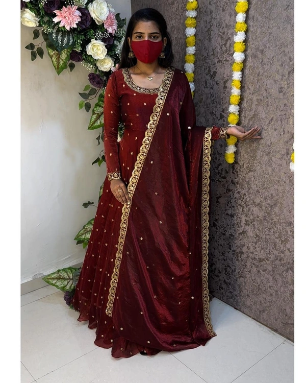 W27322 Bakrid special Rich sequence embroidery Gown + Dupata - XL-42, Reddish Maroon