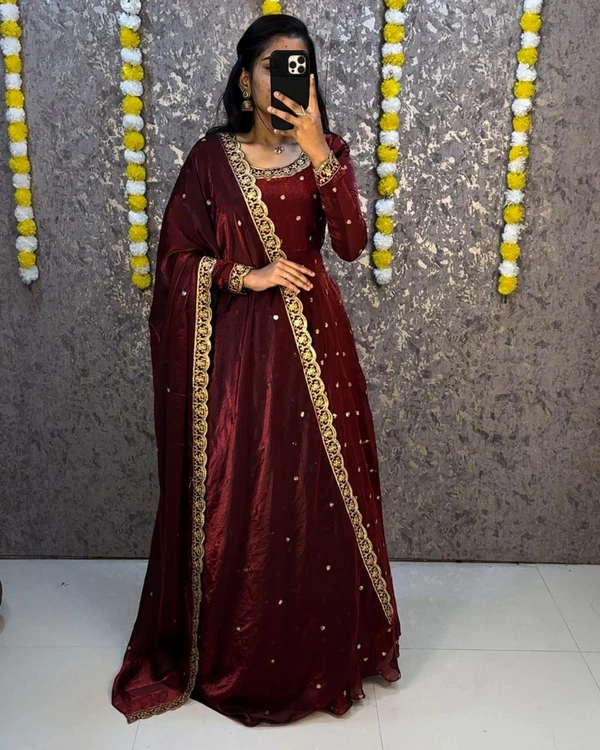 W27322 Bakrid special Rich sequence embroidery Gown + Dupata - 4XL-48, Wine